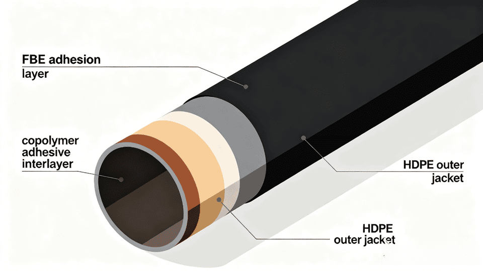 Pipeline coating systems cross-section diagram showing FBE, 3LPE external coating layers and epoxy internal lining for buried pipeline corrosion protection.