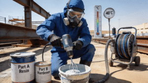 Home 51 Industrial applicator mixing two-component epoxy coating in hot weather with Part A and Part B components and airless spray equipment in a steel fabrication yard.