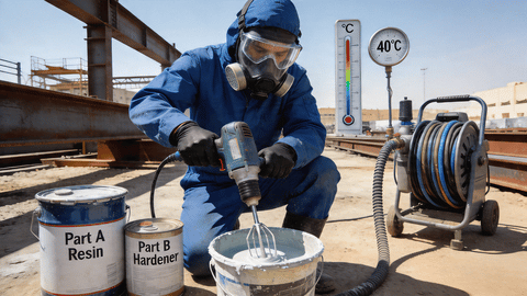 Industrial applicator mixing two-component epoxy coating in hot weather with Part A and Part B components and airless spray equipment in a steel fabrication yard.