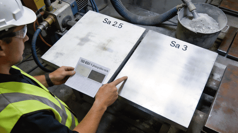 Side-by-side comparison of Sa 2.5 near-white blast and Sa 3 white metal blast on structural steel surfaces in fabrication shop.