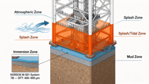 Offshore structure corrosion zone diagram showing splash zone coating with glass flake epoxy system and NORSOK M-501 DFT requirements.