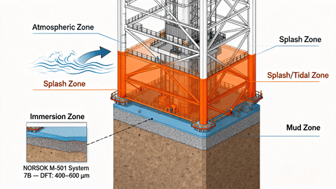 Offshore structure corrosion zone diagram showing splash zone coating with glass flake epoxy system and NORSOK M-501 DFT requirements.