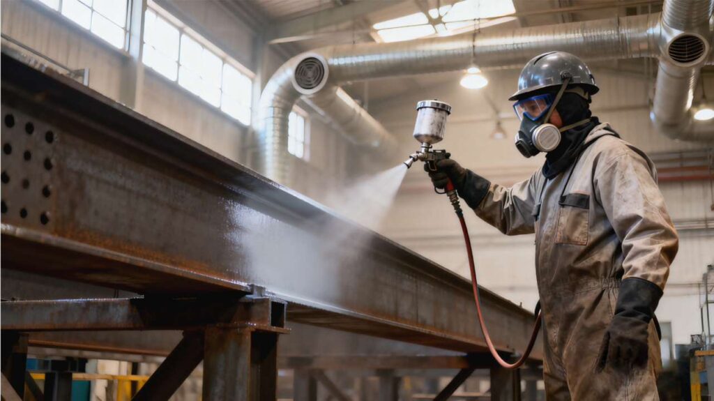 Inspector checking surface profile on blast-cleaned structural steel before primer application in fabrication shop.