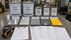 Aluminum protective coating selection with epoxy primer and adhesion test samples