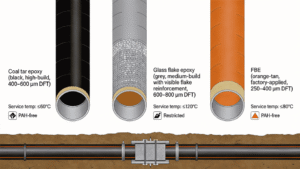 Comparison schematic of coal tar epoxy, glass flake epoxy, and FBE pipeline coating systems showing DFT ranges, temperature limits, and PAH restriction status for buried steel service.