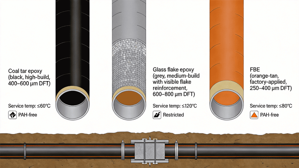 Comparison schematic of coal tar epoxy, glass flake epoxy, and FBE pipeline coating systems showing DFT ranges, temperature limits, and PAH restriction status for buried steel service.