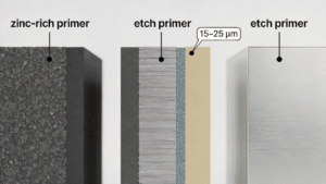 Cross-section diagram comparing correct primer selection for blast-cleaned carbon steel, galvanised steel, and aluminium, with DFT callouts showing 15–25 µm etch primer on non-ferrous substrates and chemical bond zone annotated at metal interface.