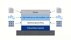 Industrial epoxy coating system layers for steel, tank, and pipeline protection