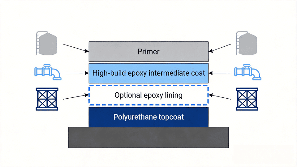Industrial Epoxy Coating: Selection Guide for Steel, Tanks, and Pipelines 4 Industrial epoxy coating system layers for steel, tank, and pipeline protection