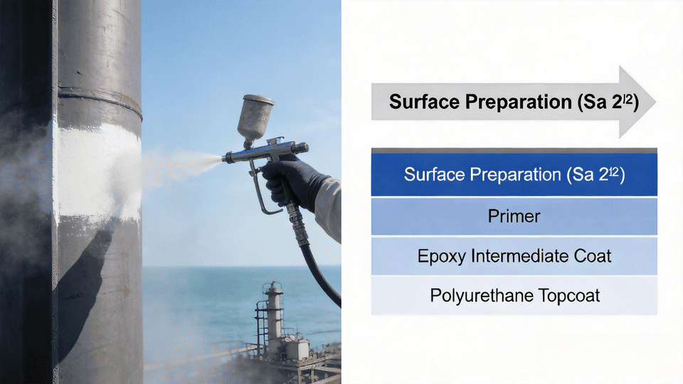 Metal corrosion protection coating system applied to industrial steel structure in corrosive environment