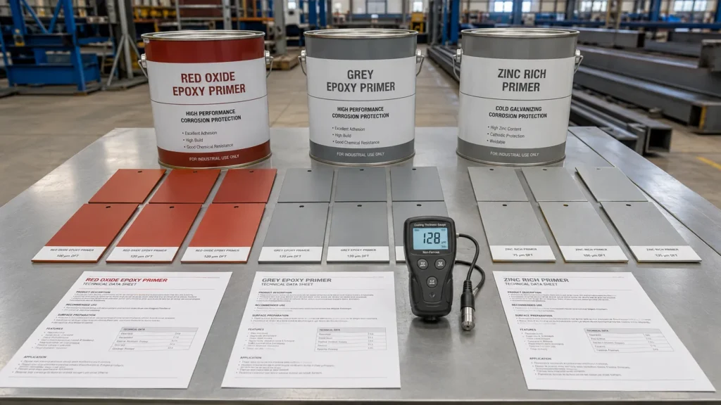Red oxide epoxy primer samples for industrial steel primer selection