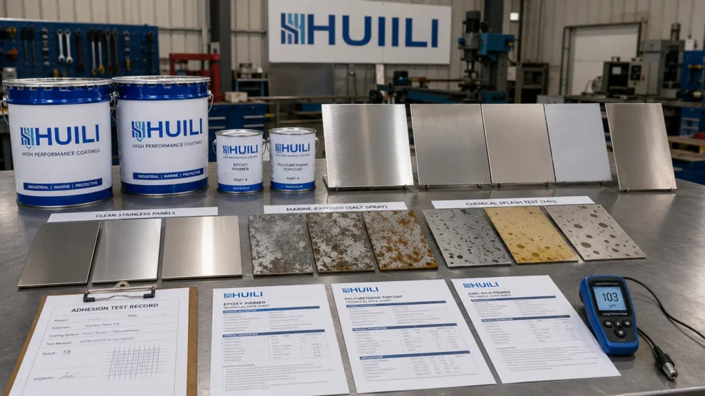 Stainless steel protective coating evaluation for marine and chemical exposure