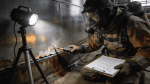 API 653 inspector conducting tank lining inspection at floor-wall junction with NACE SP0188 wet sponge holiday detector and portable lighting inside storage tank.