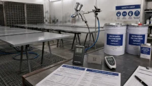 Water-based polyurethane topcoat spray application over epoxy coated steel panels