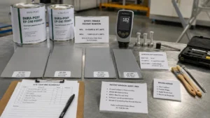 Home 16 Recoatable epoxy primer inspection with DFT gauge, adhesion test and brush repair tools
