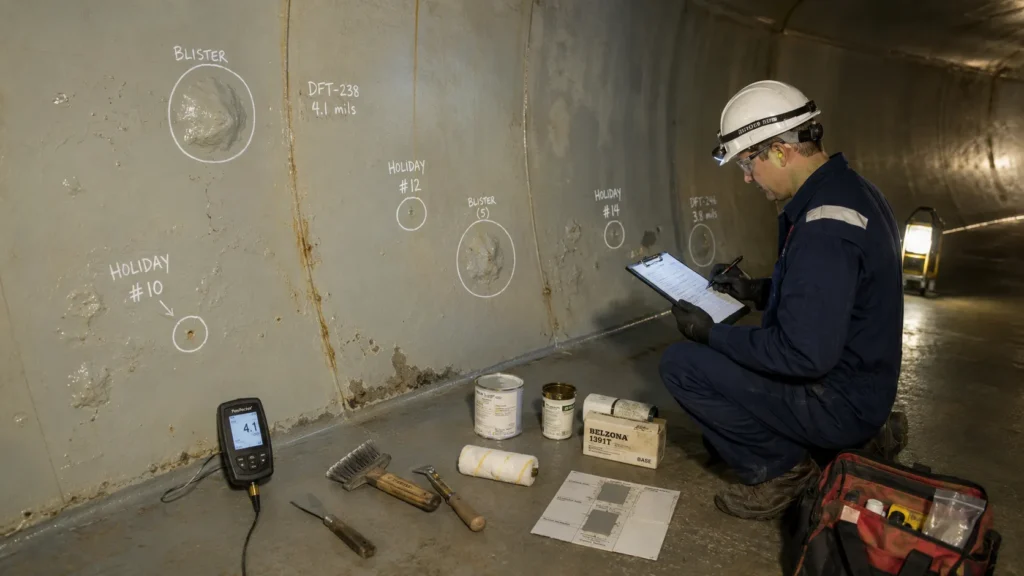 Tank Lining Repairs: How to Decide Local Repair or Full Relining 1 Tank lining repairs inspection with holiday defects, blistering and adhesion test marks