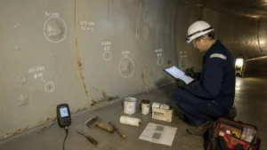 Tank lining repairs inspection with holiday defects, blistering and adhesion test marks