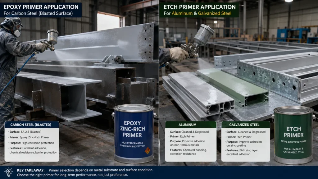 Epoxy vs etch primer application comparison on carbon steel, aluminum, and galvanized steel