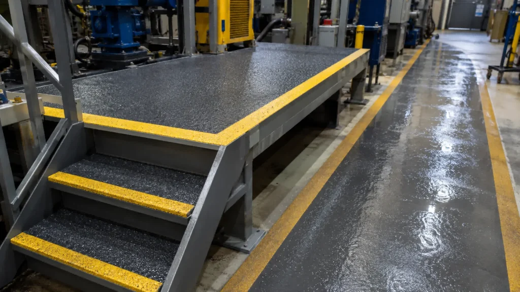 Industrial Non Slip Coating for Floors, Platforms and Steel Walkways 1 Industrial non slip coating on steel platform, stair tread and wet floor walkway